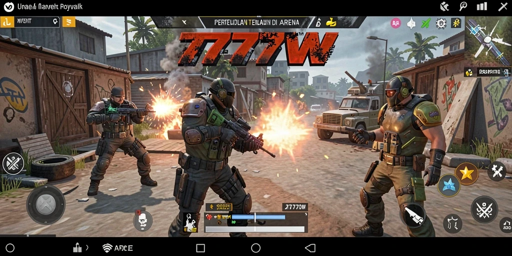 Gameplay mendebarkan di arena Battle Royale 7777W.