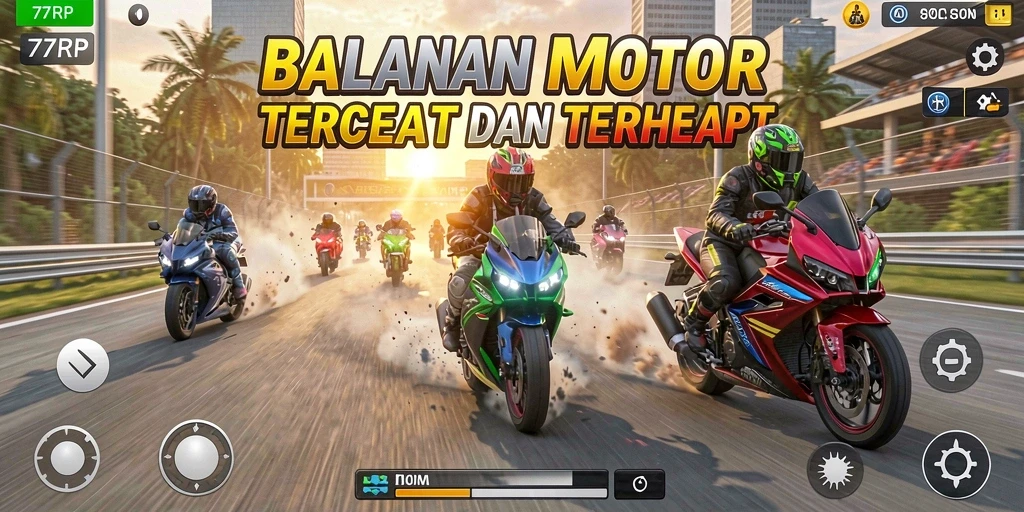 Screenshot utama 77RP menampilkan balapan motor yang menegangkan.
