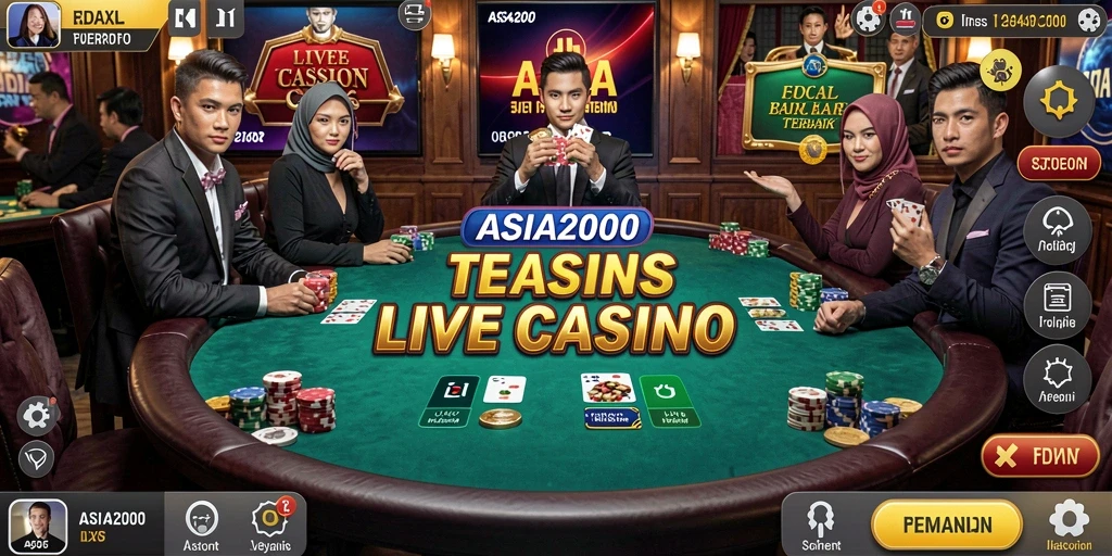Screenshot gameplay ASIA200 yang menampilkan dealer langsung dan suasana kasino.