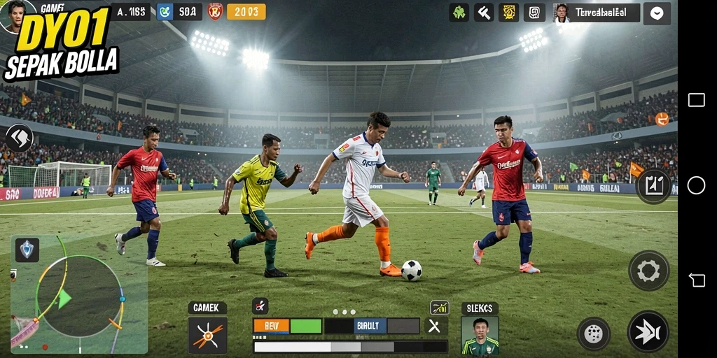 Screenshot gameplay DY01 menampilkan aksi seru dalam pertandingan sepak bola.