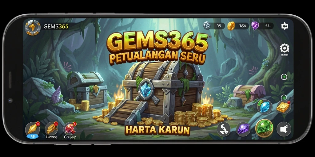 Screenshot permainan GEMS365 yang menampilkan petualangan mencari harta karun.
