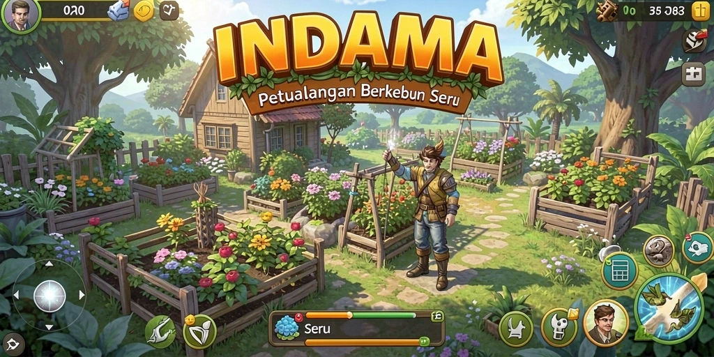 Screenshot utama INDAAA menampilkan pemain mengelola ladang pertanian yang hijau.