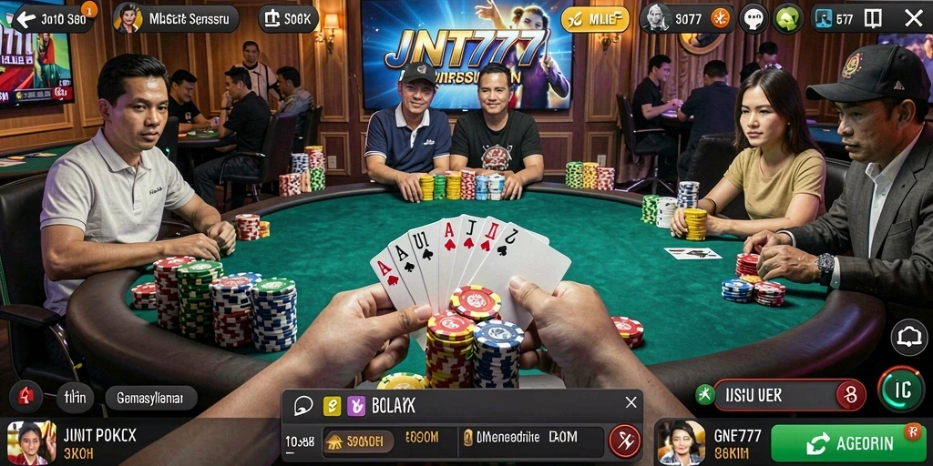 Screenshot dari gameplay JNT777 yang menampilkan aksi Poker yang seru.