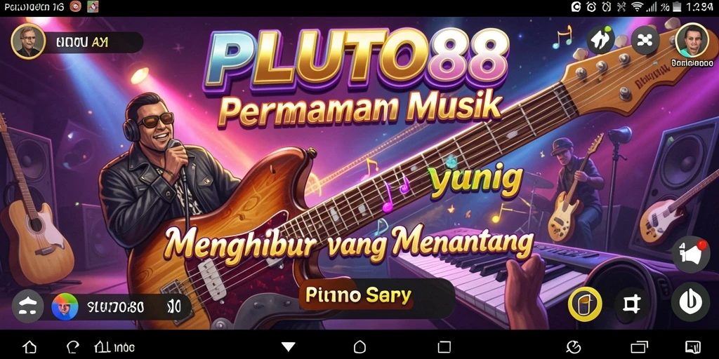 Tangkapan layar utama PLUTO88 menampilkan gameplay dinamis dengan iringan musik yang seru.