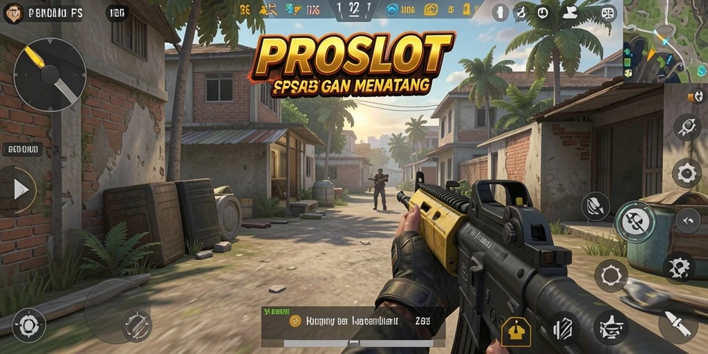Screenshot gameplay PROSLOT menunjukkan aksi tembak-menembak yang intens dan grafis yang memukau.