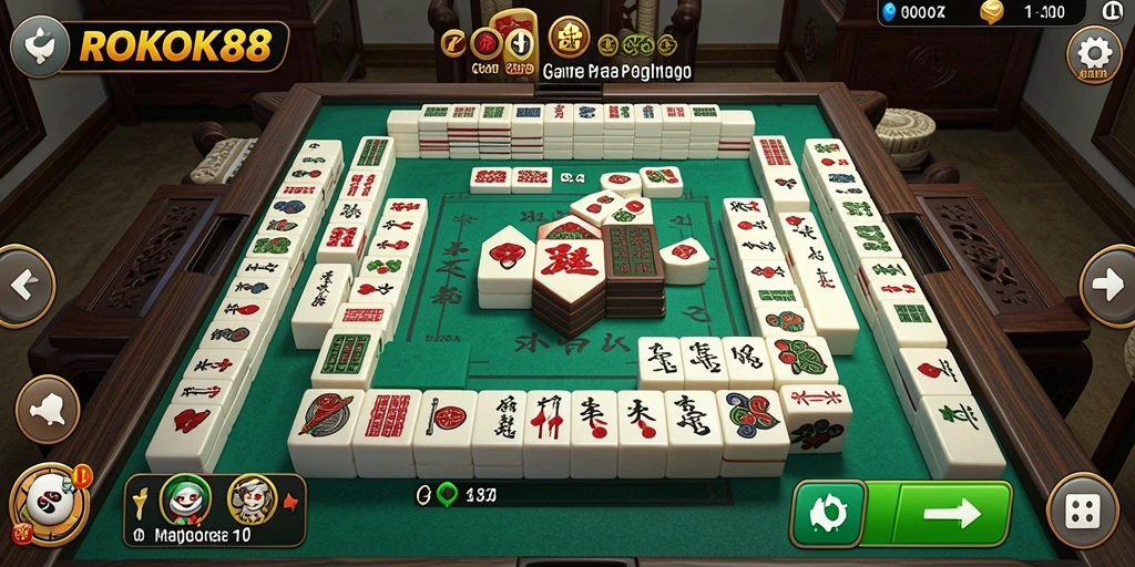 Tampilan gameplay menarik dalam ROKOK88 dengan suasana Mahjong.