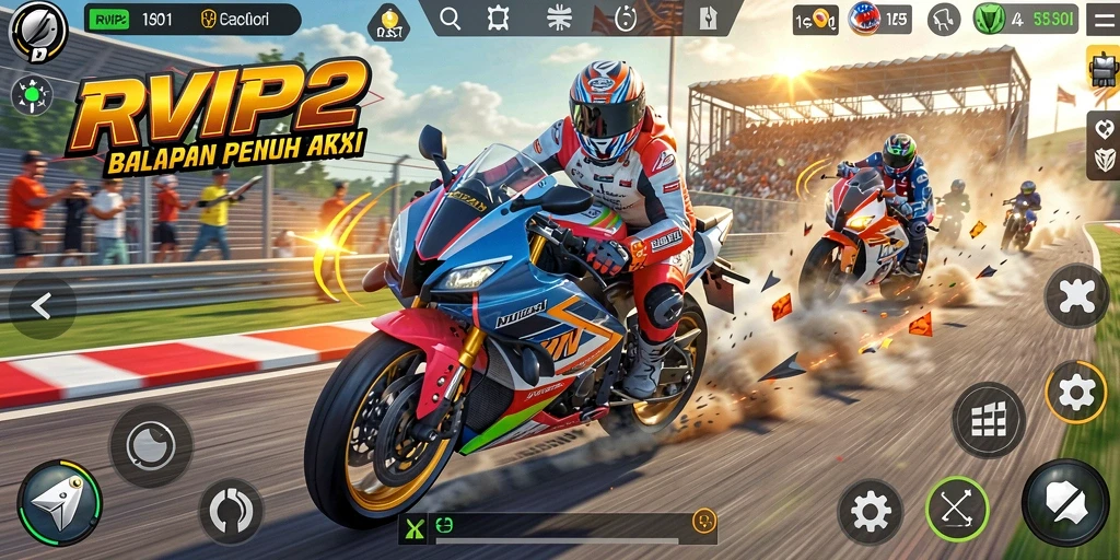 Gameplay seru RVIP2 dengan motor balap yang menampilkan aksi mendebarkan.