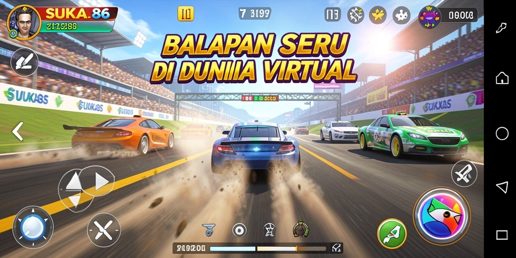 Tampilan gameplay SUKA86 dengan mobil balap di lintasan.