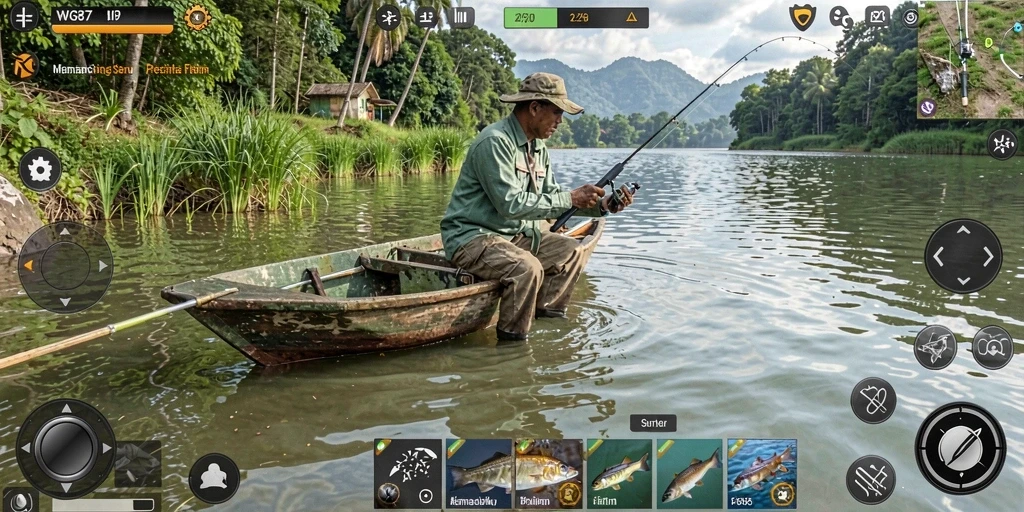 Screenshot gameplay WG87 menampilkan momen memancing yang mendebarkan.