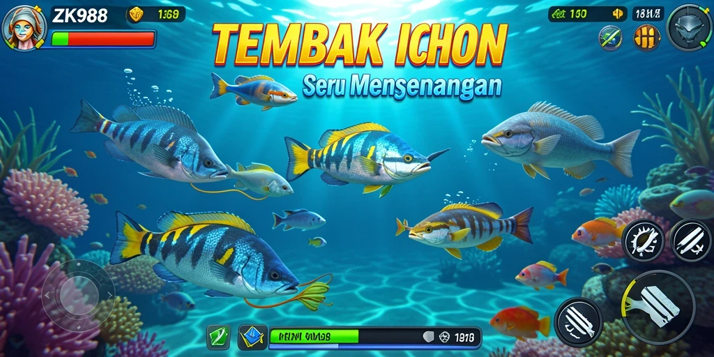 Screenshot ZK988 menampilkan aksi menembak ikan yang seru.